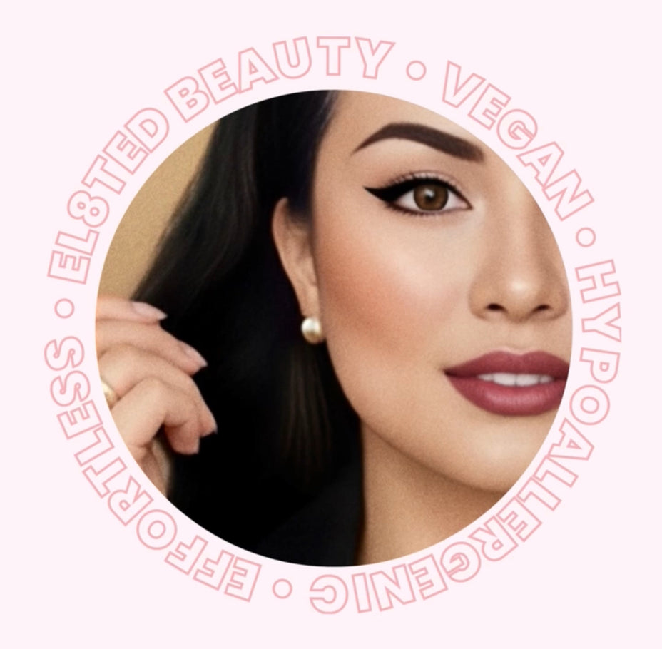 Eyeliner Stamp ✔️ showcased on a model with flawless winged eyeliner, promoting EL8TED BEAUTY products.